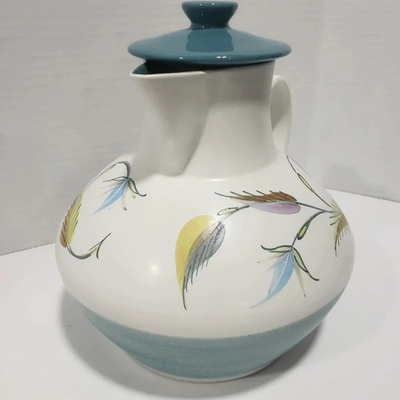 VTG Denby Stoneware Pitcher with  Lid Spring Leaf Design Teal/White. - Picture 8 of 9